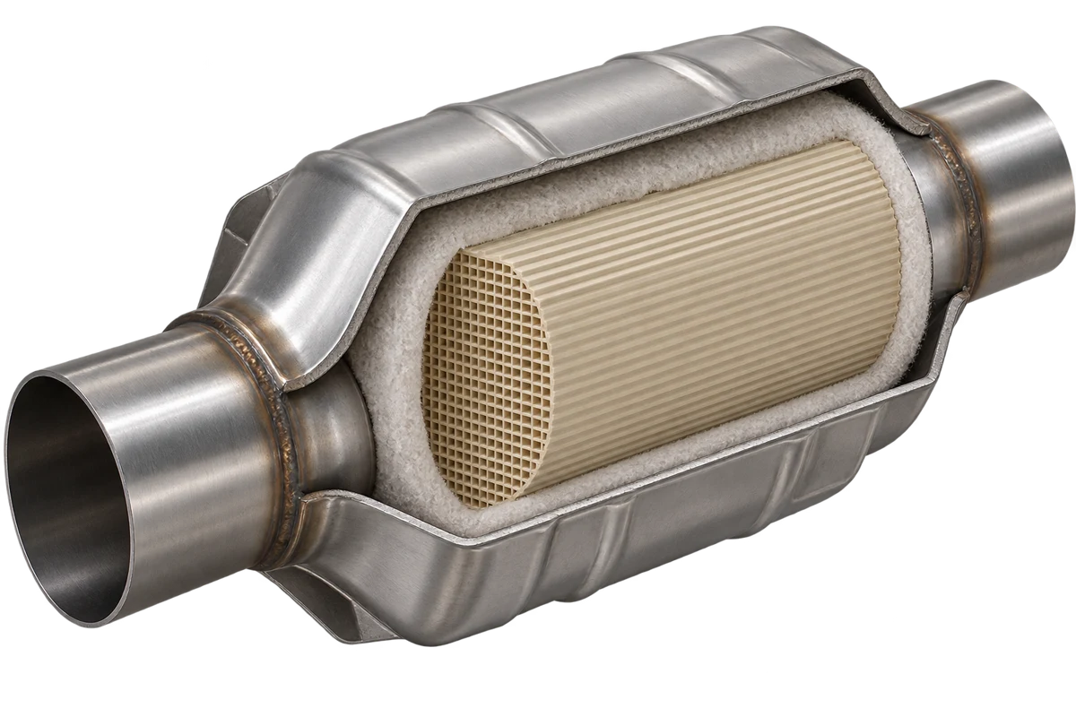 Illustration of a catalytic converter cut open: steel shell, insulating mat and honeycomb core