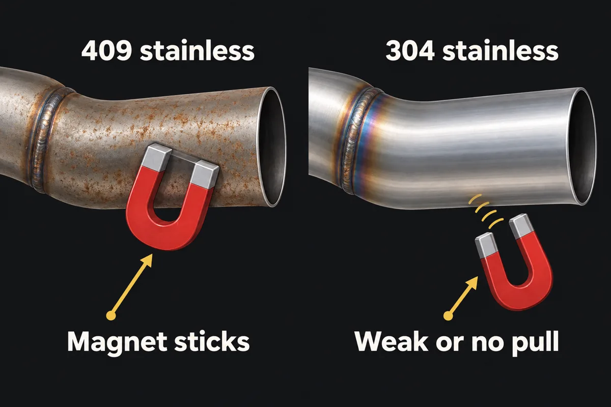 A 409 stainless pipe with light surface rust that a magnet sticks to, next to a brighter 304 stainless pipe that a magnet barely pulls