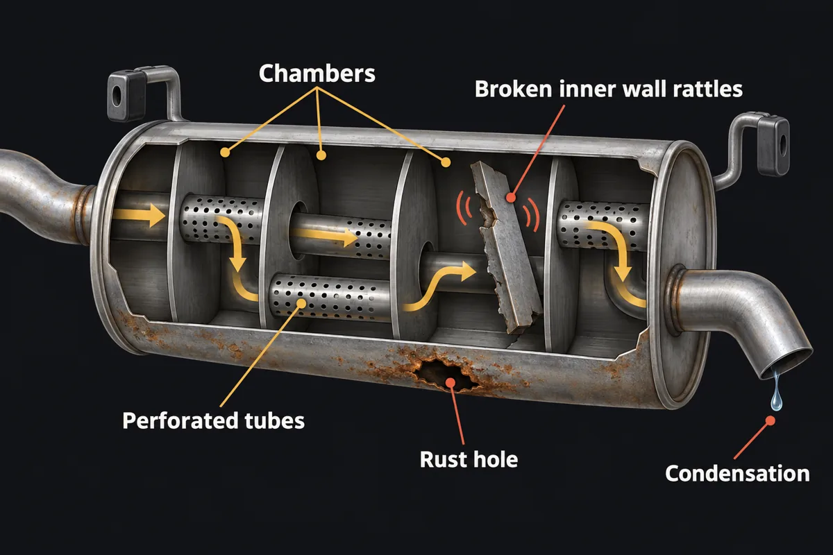 Cutaway of a muffler showing chambers and perforated tubes, with a rust hole, a broken inner wall and condensation