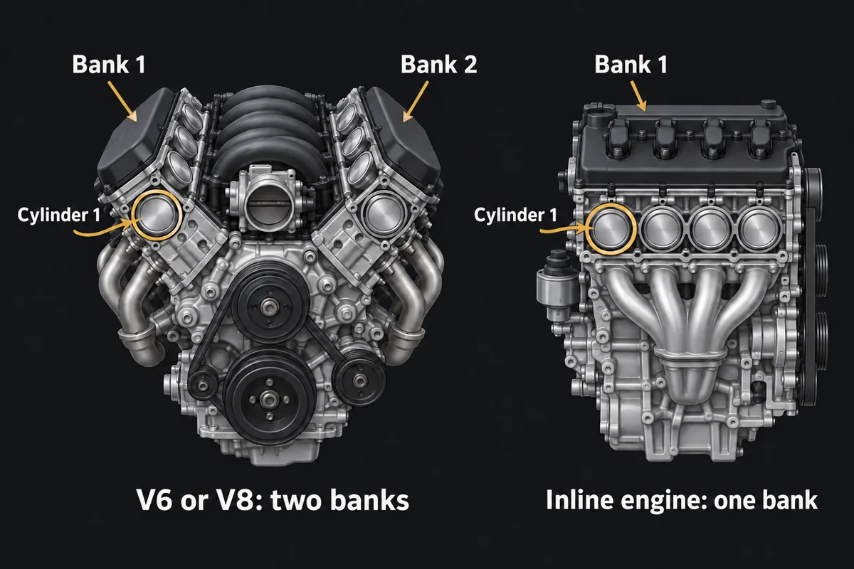 A V engine with two banks next to an inline engine with one bank; bank 1 is always the side with cylinder 1