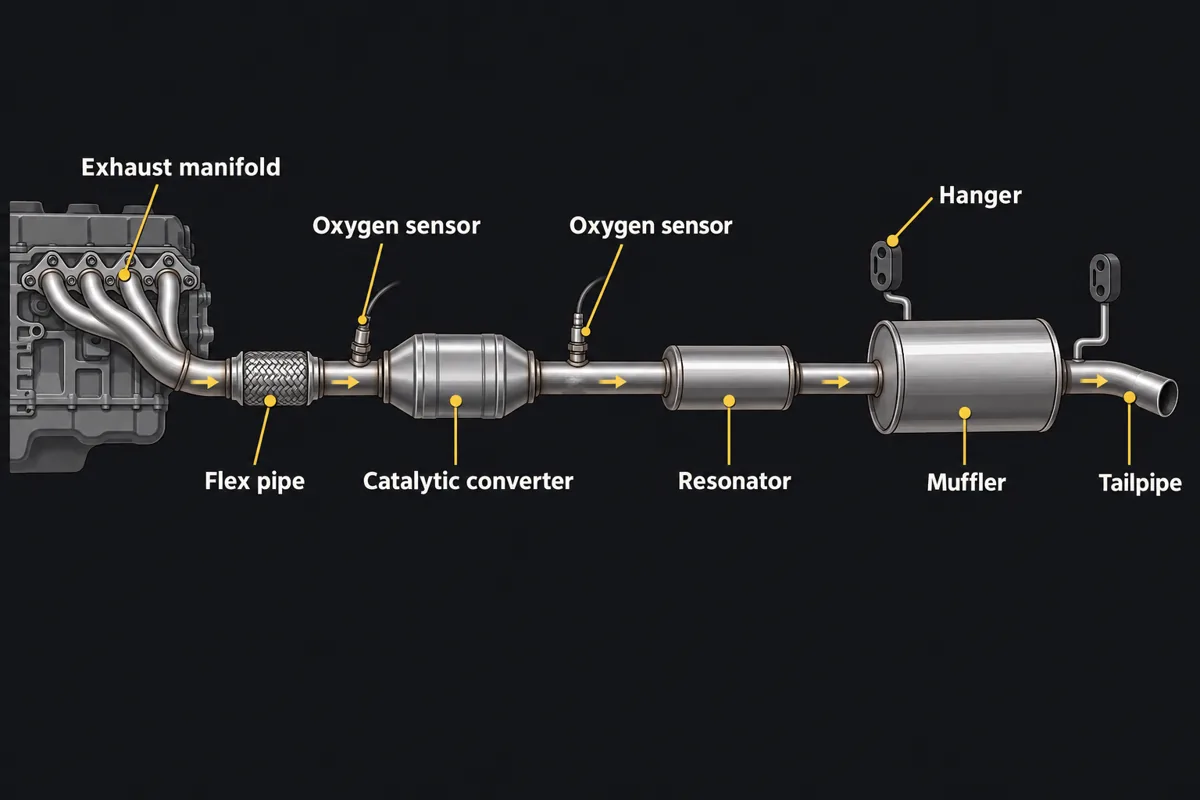 Diagram of a car exhaust system from the engine to the tailpipe: exhaust manifold, flex pipe, oxygen sensors, catalytic converter, resonator, muffler, hangers and tailpipe