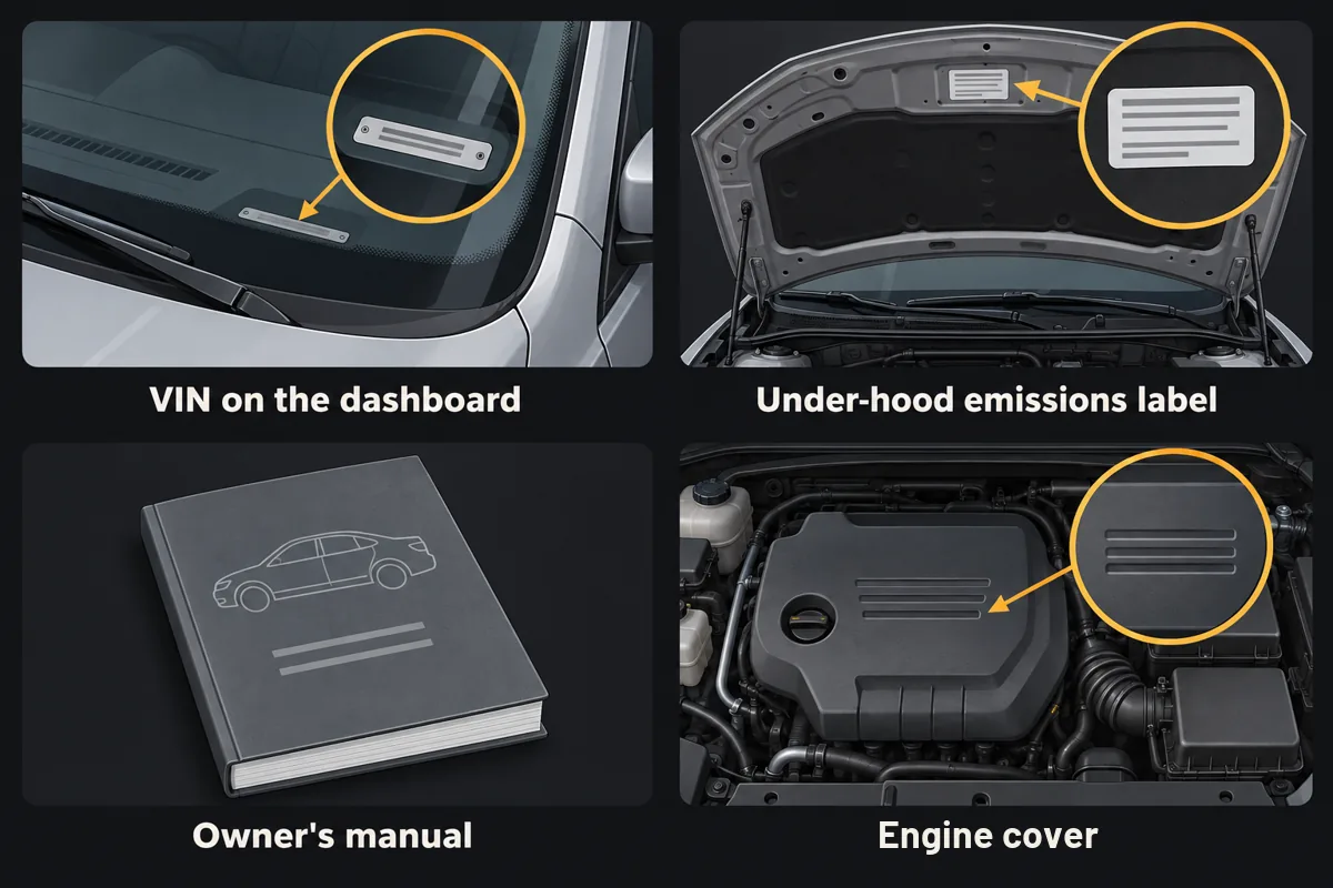 Four places to find your engine size: the VIN on the dashboard, the under-hood emissions label, the owner's manual and the engine cover