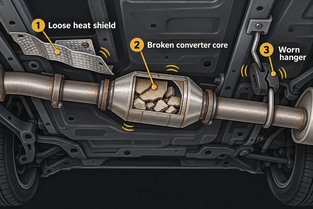 Underside of a car showing the three common rattle sources: a loose heat shield, a broken converter core and a worn exhaust hanger