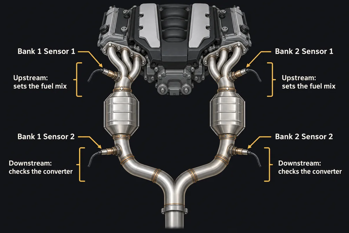 Oxygen sensor positions on a V6: sensor 1 before each converter sets the fuel mix, sensor 2 after each converter checks the converter